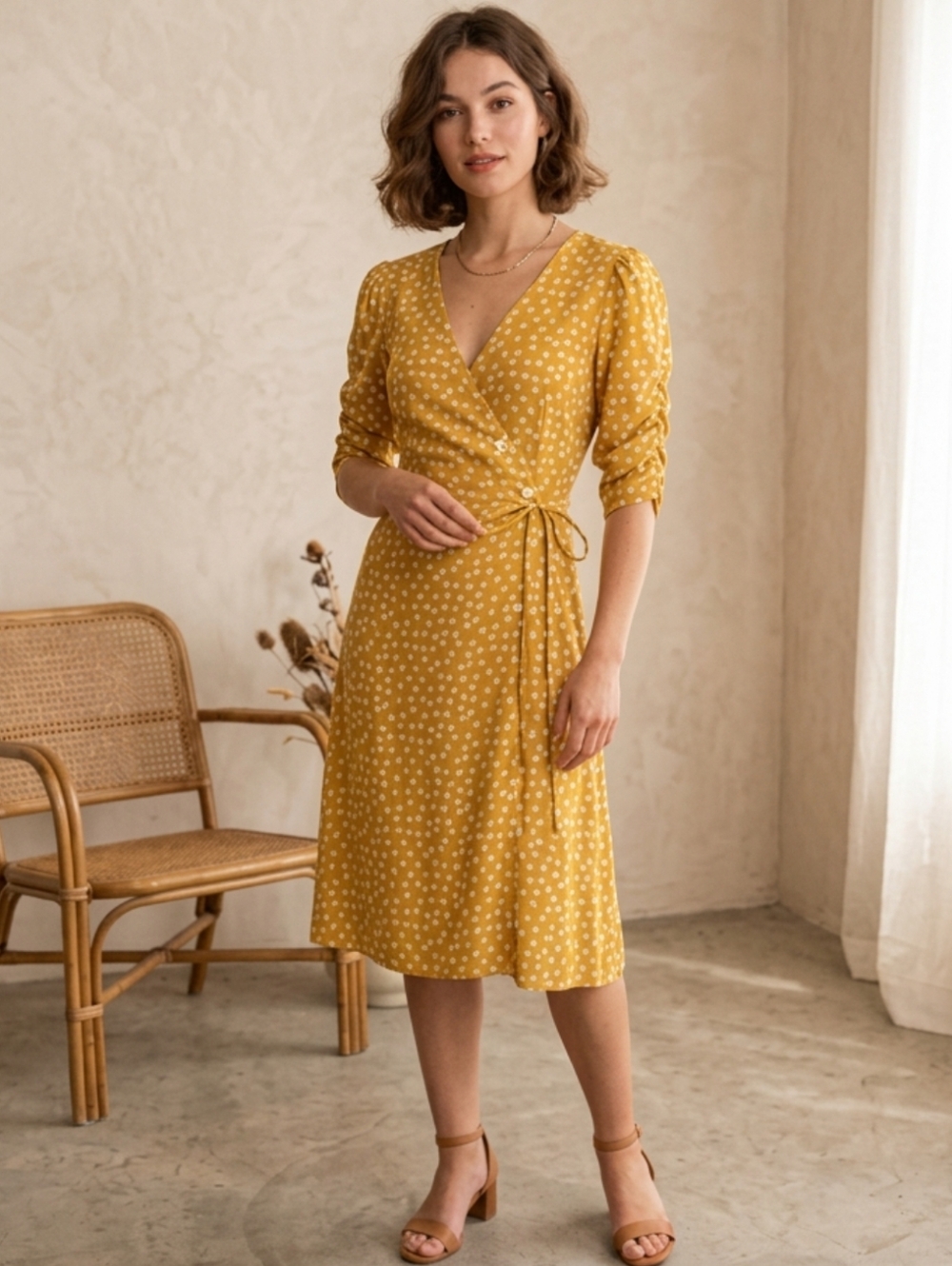 Simple Retro Midi Wrap Floral Dress Ruched Sleeves Tradwife Rockabilly Modest